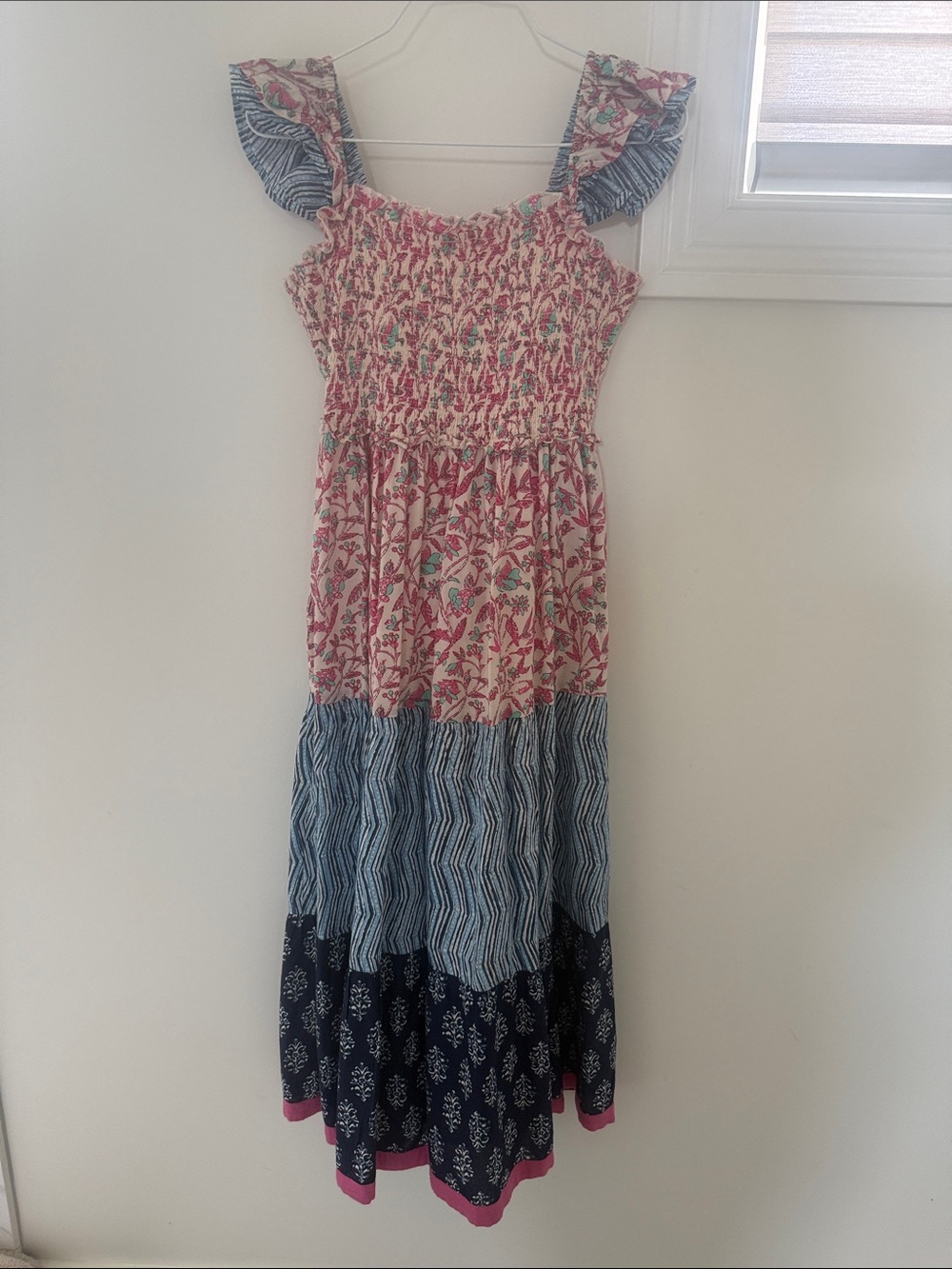THML Pink Floral Smocked Bodice Blue Tiered Maxi Dress